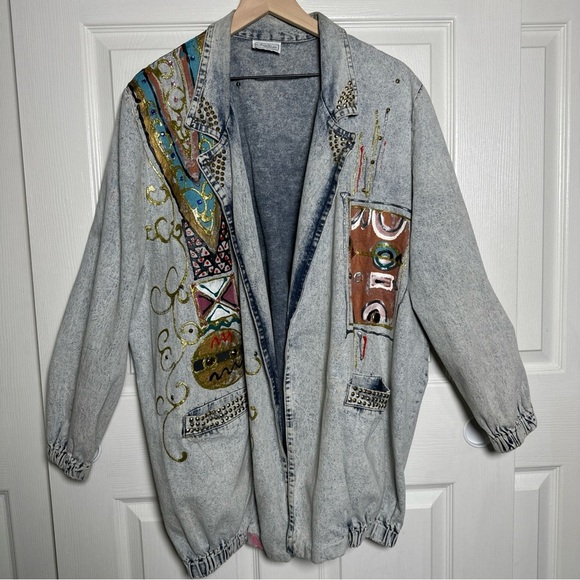Vintage 80s Charle Casuals California Embellished Denim Jacket Acid 1980s Artsy - Picture 1 of 16